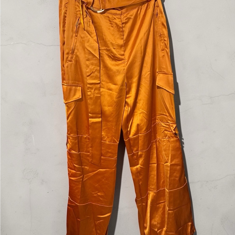 Women's Wide Leg Satin Cargo Pants in Orange